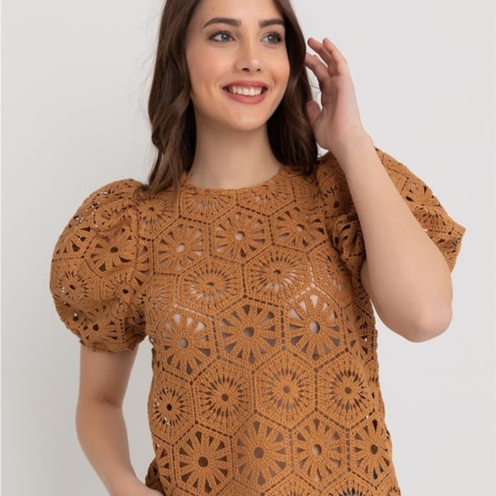Zara Crochet Puff Sleeve Sweater Top - Rust/Tan/Spice Brown color
